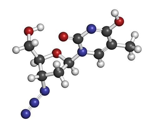 Zidovudine (azidothymidine, AZT) HIV drug molecule. Atoms are represented as spheres with conventional color coding: hydrogen (white), carbon (grey), oxygen (red), nitrogen (blue)