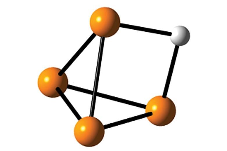 A structure showing that the weakly bonded hydrogen of [P4H]+ sits on the edge of the P4-tetrahedron